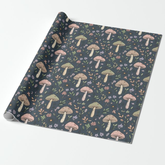 Papier Cadeau Deep Slate Blue Moody Mushroom Seamless Pattern (Déroulé)
