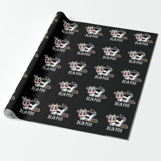 Papier Cadeau Deja Poo Funny Cow Poop Pun Dark BG (Déroulé)