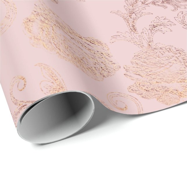 Papier Cadeau Délicat Poudre Blush Floral Rose Roses Or (Coin rond)