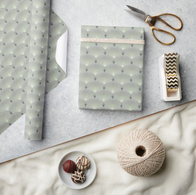 Papier Cadeau Délicat vert et gris, art déco. (Artisanat)