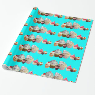 Papier Cadeau DÉLICIEUX CUPCAKES DESERT SHOP, Bleu Turquoise Bla