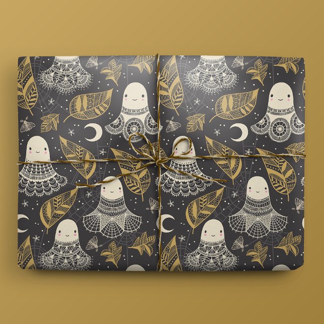 Papier Cadeau Dentelle des Fantômes d'Halloween - Or (Gift Mockup)