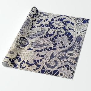 Papier Cadeau Dentelle florale blanche élégante antique sur mari