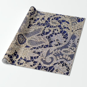 Papier Cadeau Dentelle Vintage Marron sur Fond Bleu Marine