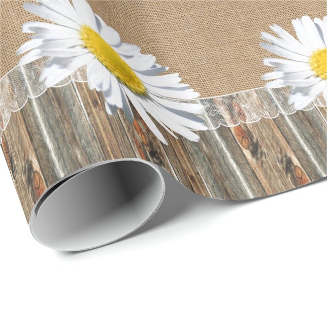 Papier Cadeau Dentelles Burlap Barnwood Et Daisey (Coin rond)