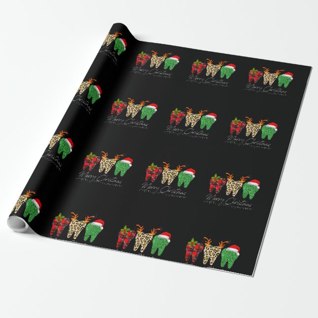 Papier Cadeau Dentist Christmas Funny Leopard Plaid Tooth Dental (Déroulé)