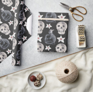 Papier Cadeau Déplaisant Cobra Snake Crâne Fleur Noir