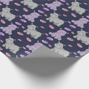 Papier Cadeau Des hippopotames heureux et des fleurs
