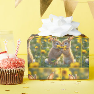 Papier Cadeau Des lapins odorent un tournesol jaune