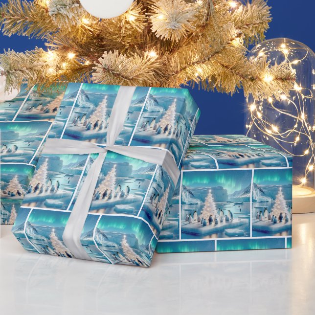 Papier Cadeau Des pingouins rassemblés autour d'un arbre de Noël (Vacances)