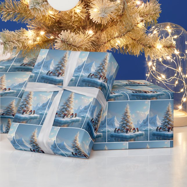 Papier Cadeau Des pingouins se rassemblent autour d'un arbre de  (Vacances)