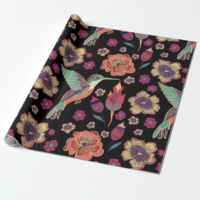 Papier Cadeau Design d'oiseaux floraux | Oeuvre D'Art Inspiré Pa (Déroulé)
