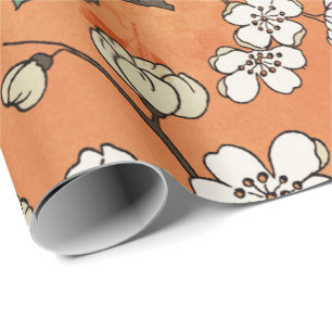 Papier Cadeau Design floral blanc sur orange