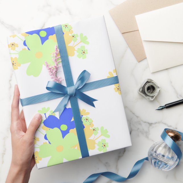 Papier Cadeau Design floral élégant Bleu Vert Jaune (Cadeaux)