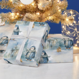 Papier Cadeau Design hivernal de pingouins mignons, peint comme 