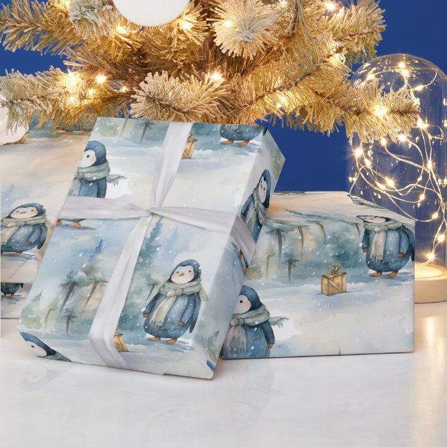 Papier Cadeau Design hivernal de pingouins mignons, peint comme  (Vacances)