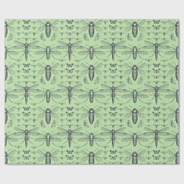 Papier Cadeau Design insectes vintage noir sur vert sauge doux