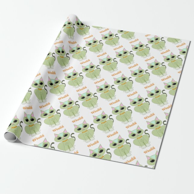 Papier Cadeau Dessin animé de chaton vert mignon (Déroulé)
