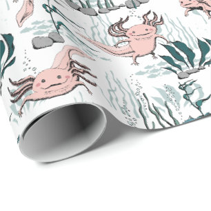 Papier Cadeau Dessin Axolotal sous-marin rose et vert pour enfan