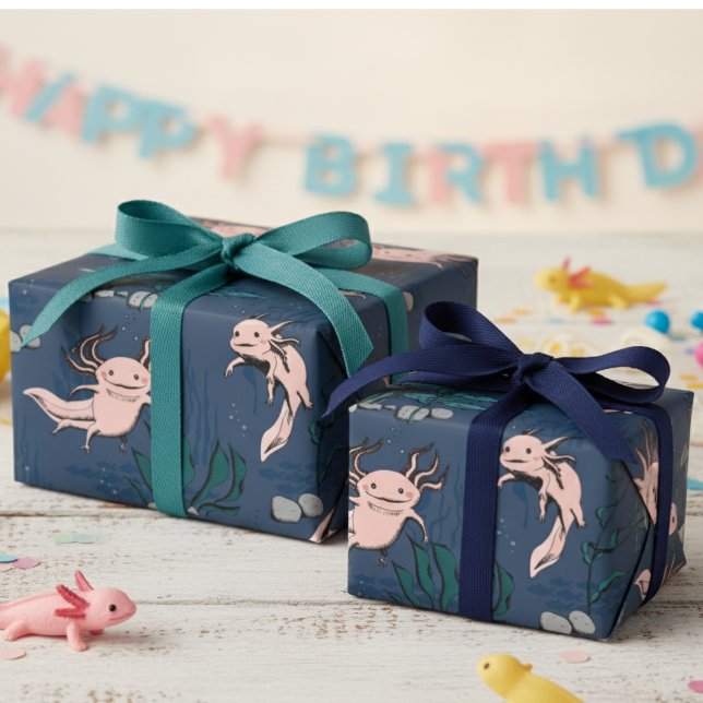 Papier Cadeau Dessin Axolotal sous-marin vert de la marine pour  (Cute Axolotl Animal Navy Blue Wrapping Paper for Kids Birthday. Fun Pet Salamander Unique Gift Wrap)
