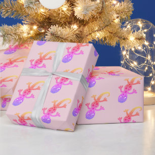 Papier Cadeau Dessin de gecko rose mignon motif féminin