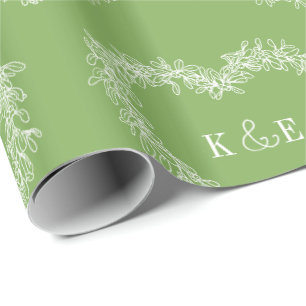 Papier Cadeau Dessin de trait de mélèze vert monogramme blanc