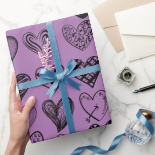 Papier Cadeau Dessin d'écritures de coeur noir adorable