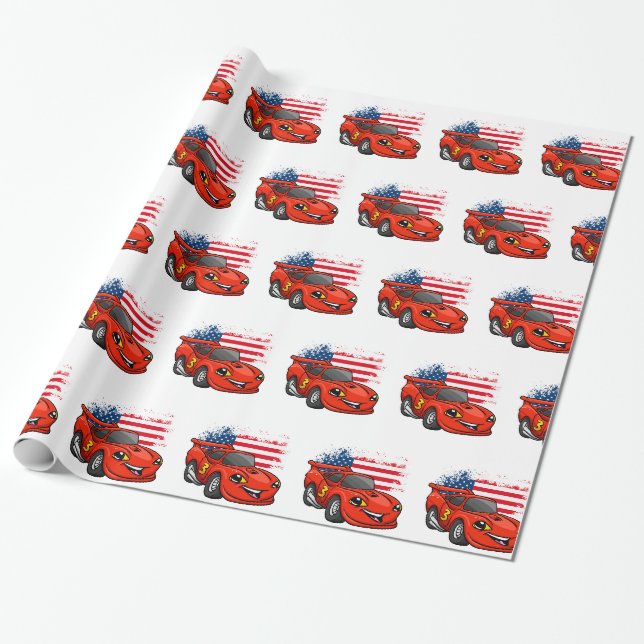 Papier Cadeau Dessin du drapeau américain de la voiture rouge -  (Déroulé)