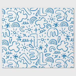 Papier Cadeau dessins de gribouillis amusants, bleu marine, bleu