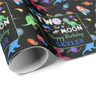 Papier Cadeau Deux à la Lune Anniversaire 2 ans Dinosaure Astron