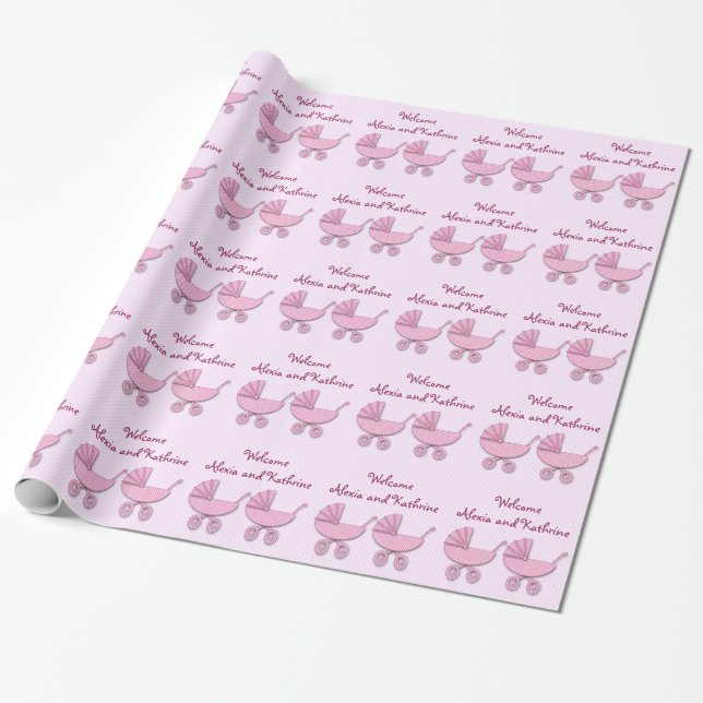 Papier Cadeau deux poussettes pois roses (Déroulé)
