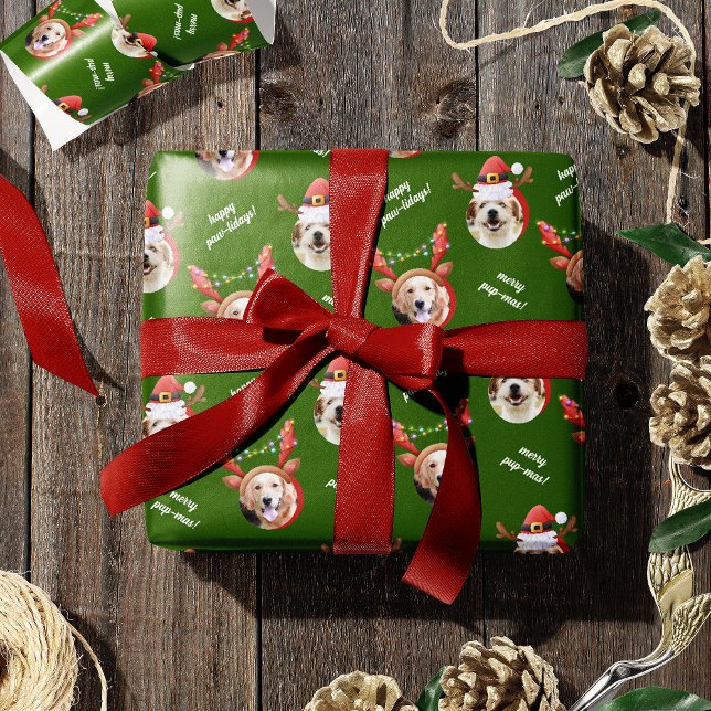 Papier Cadeau Deux rennes photo de chien Joyeux Noël vert (Créateur téléchargé)