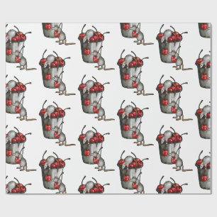 Papier Cadeau Deux souris volant des cerises, seau de cerises Ar