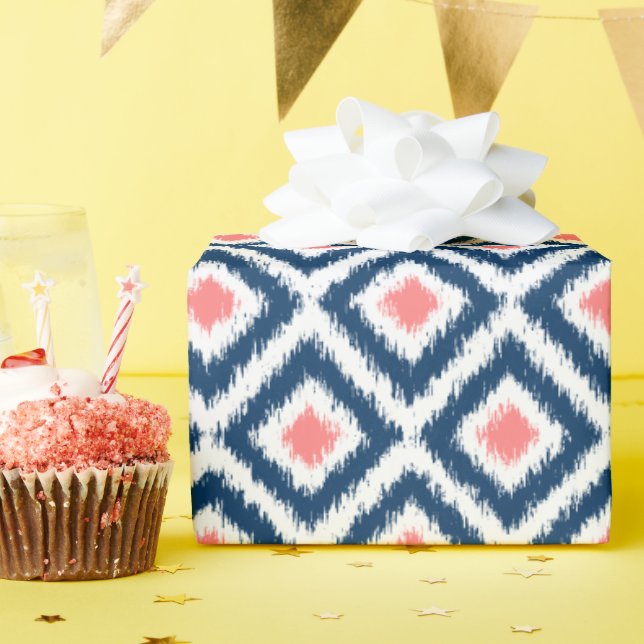 Papier Cadeau Diamants bleu corail Motif Ikat (Fête d'anniversaire)
