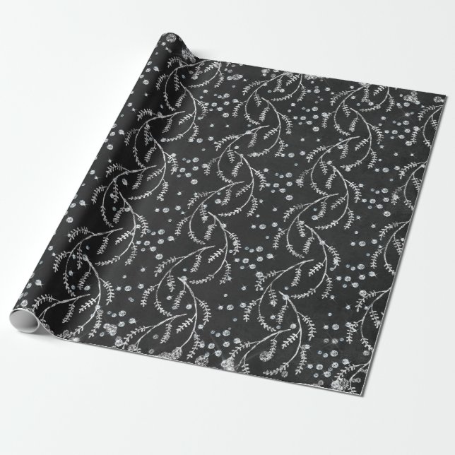 Papier Cadeau Diamants d'argent de laurier noir brillant (Déroulé)