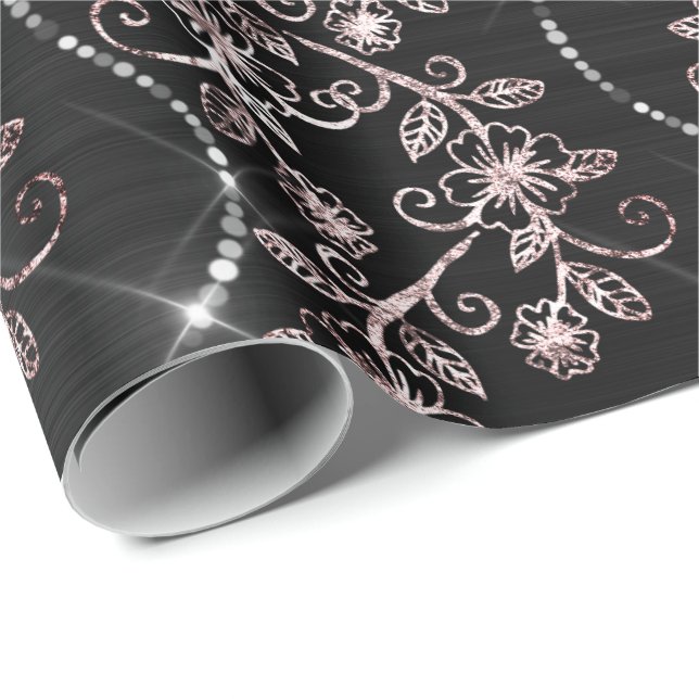 Papier Cadeau Diamants étincelants Perle Noire Rose Or (Coin rond)