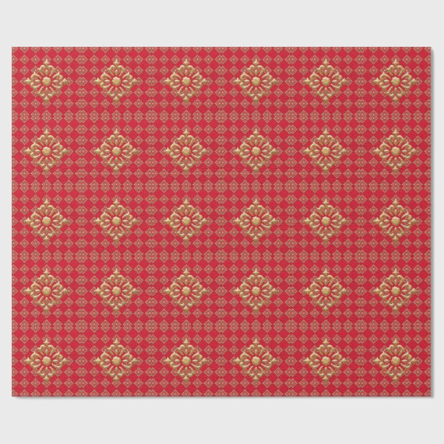 Papier Cadeau Diamants rouges et or criblés (Plat)