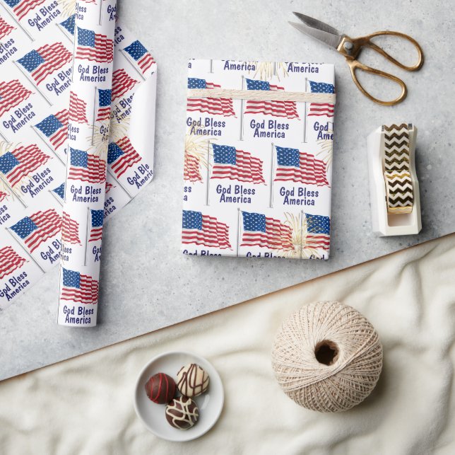 Papier Cadeau Dieu bénisse l'Amérique Drapeau et feux d'artifice (Artisanat)