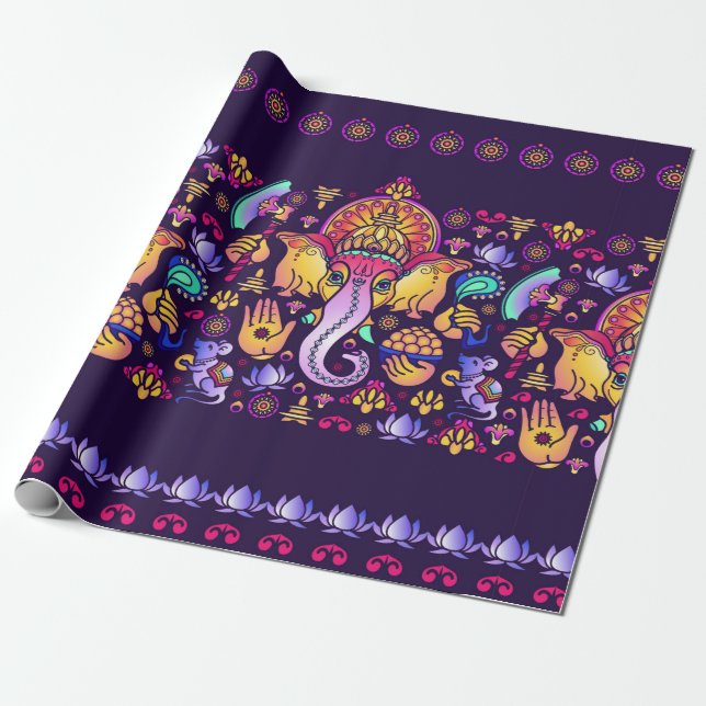 Papier Cadeau Dieu hindou Ganesha et symboles indiens en bande (Déroulé)