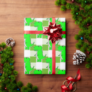 Papier Cadeau Dino Tartan vert et blanc Plaid Motif