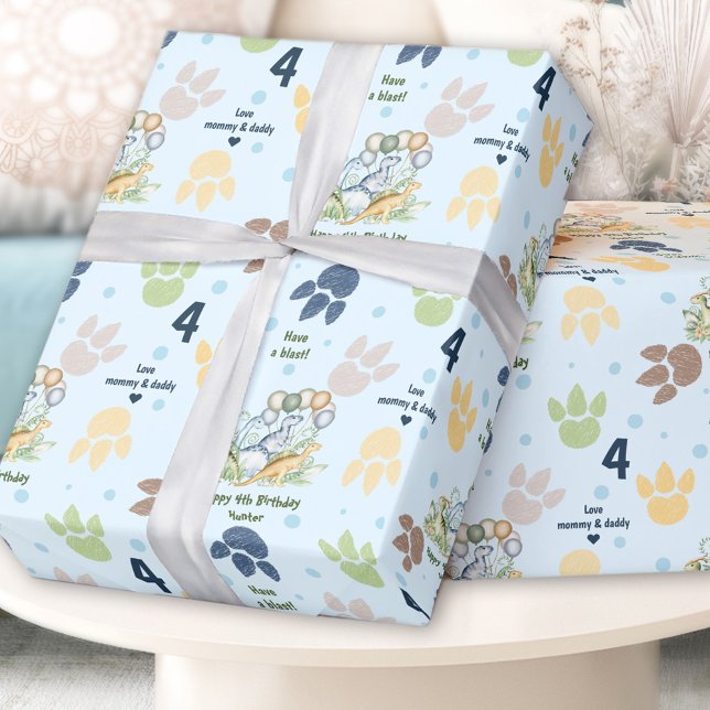Papier Cadeau Dinosaur Anniversaire Bleu Vert Garçon Personnalis (Dinosaur Birthday Blue Green Boy Custom Name Text Wrapping Paper)