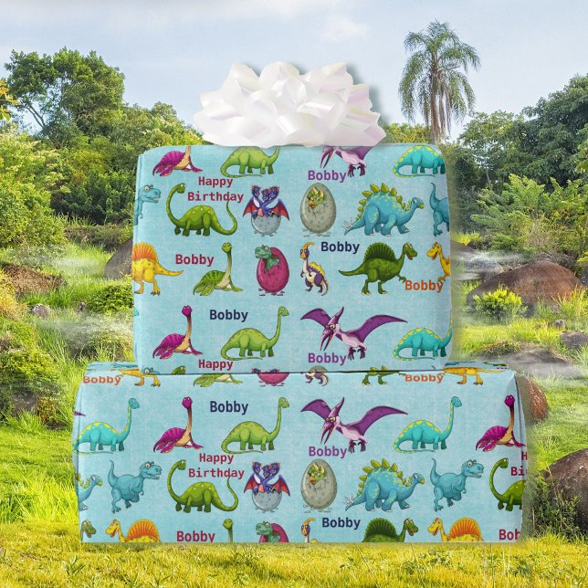 Papier Cadeau Dinosaur Anniversaire Fête Ajouter Nom du garçon (Créateur téléchargé)