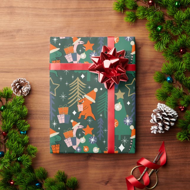 Papier Cadeau Dinosaur Christmas Party Green  (Cadeau de vacances)