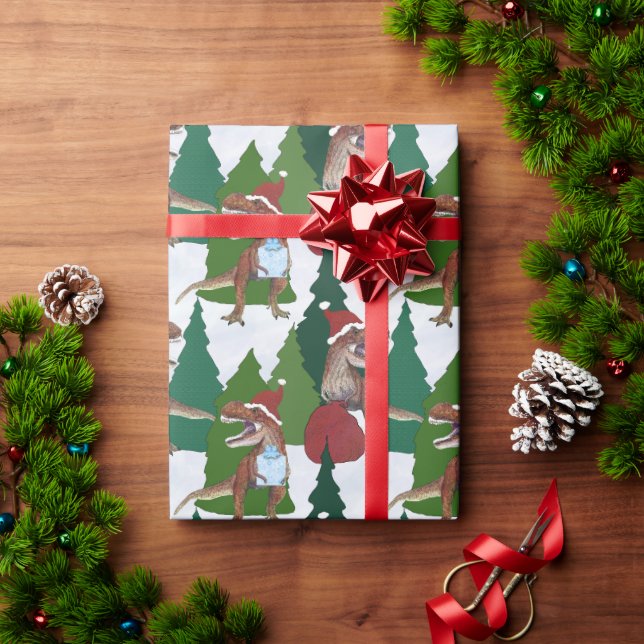 Papier Cadeau Dinosaur Christmas T-Rex Santa (Cadeau de vacances)