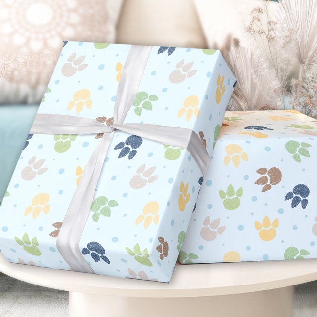 Papier Cadeau Dinosaur Empreintes Pastel Blue Green Boy Annivers (Dinosaur Footprints Pastel Blue Green Boy Birthday Wrapping Paper)