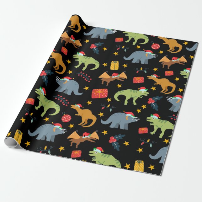 Papier Cadeau Dinosaur Noël Motif de chapeau, Noir (Déroulé)