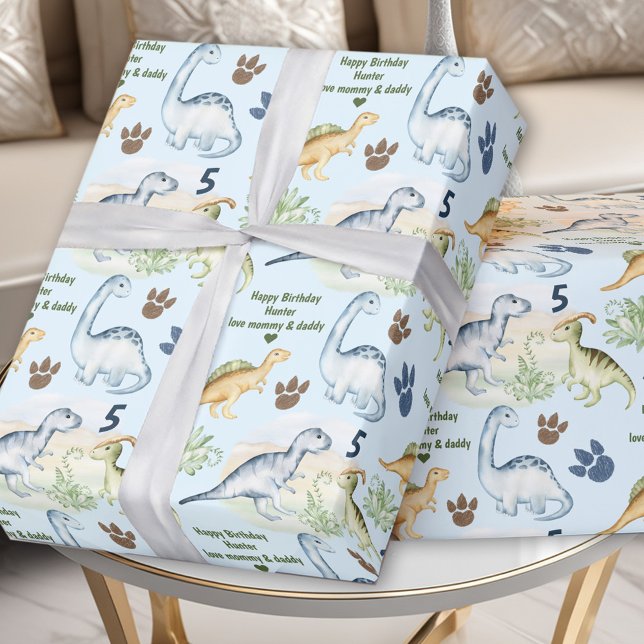 Papier Cadeau Dinosaur T rex Blue Boy Nom de l'anniversaire (Dinosaur T rex Blue Boy Birthday Name Wrapping Paper)