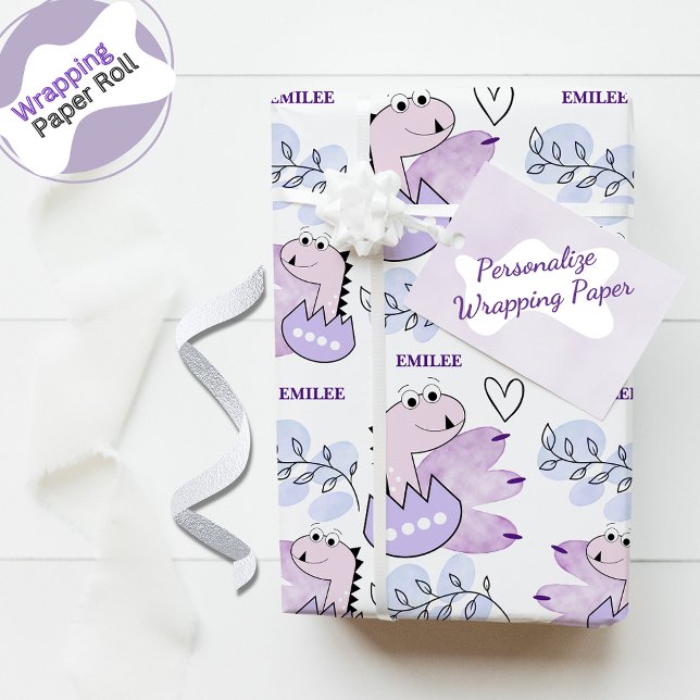 Papier Cadeau Dinosaure Bébé fille rose pourpre Aquarelle (Créateur téléchargé)
