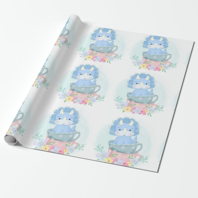 Papier Cadeau Dinosaure Bleu Cute Dans Teacups Baby shower Garço (Déroulé)