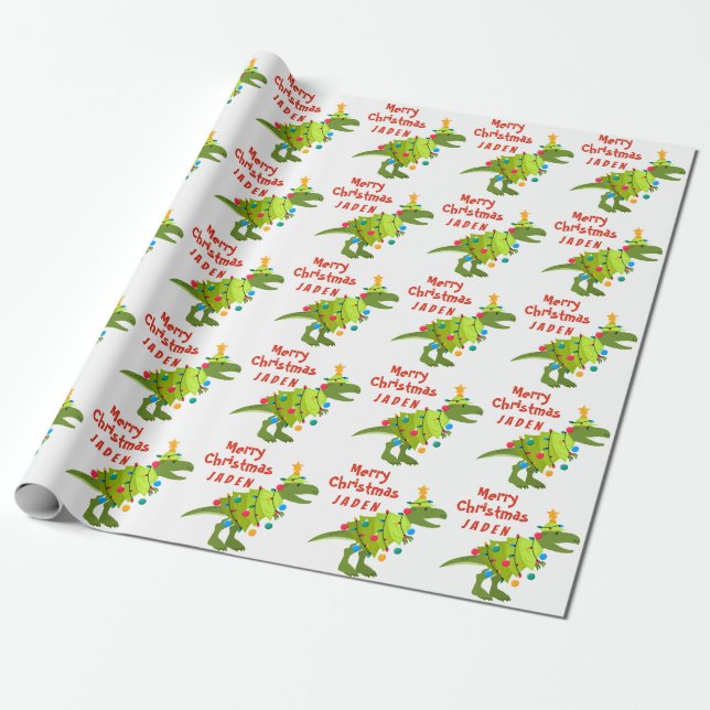 Papier Cadeau Dinosaure de Noël Joyeux Personnalisé (Déroulé)